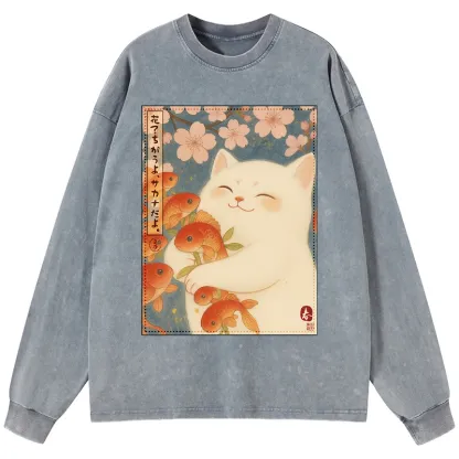 Tokyo-Tiger Funny Ukiyoe Cat and Fish Flower Washed Long Sleeve T-Shirt