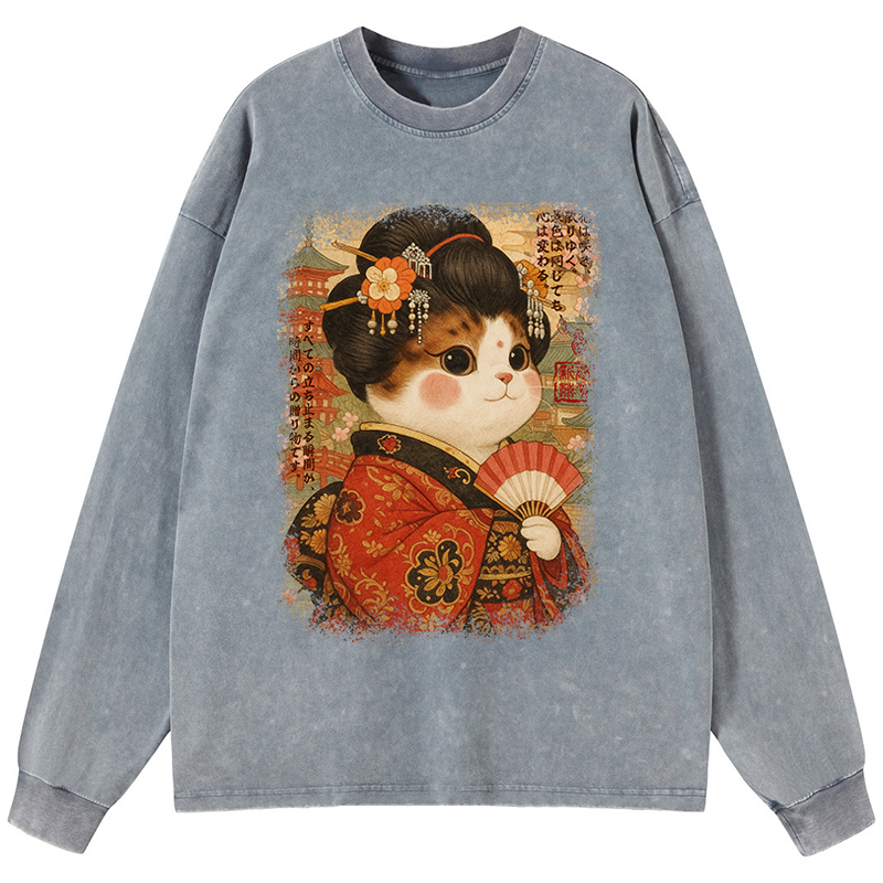 Tokyo-Tiger Ukiyoe Japanese Cat Princess Washed Long Sleeve T-Shirt