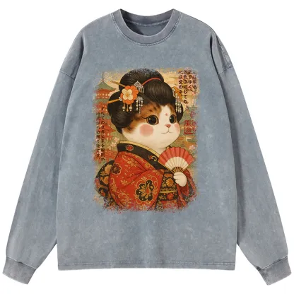 Tokyo-Tiger Ukiyoe Japanese Cat Princess Washed Long Sleeve T-Shirt