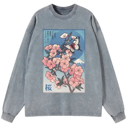 Tokyo-Tiger Ukiyoe Japanese Cherry blossoms Poster Washed Long Sleeve T-Shirt