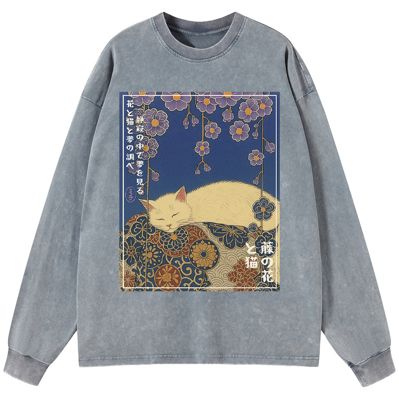 Tokyo-Tiger Ukiyoe Wisteria Flowers and Cats Washed Long Sleeve T-Shirt