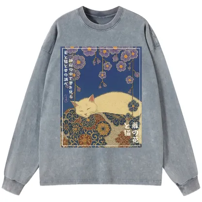 Tokyo-Tiger Ukiyoe Wisteria Flowers and Cats Washed Long Sleeve T-Shirt