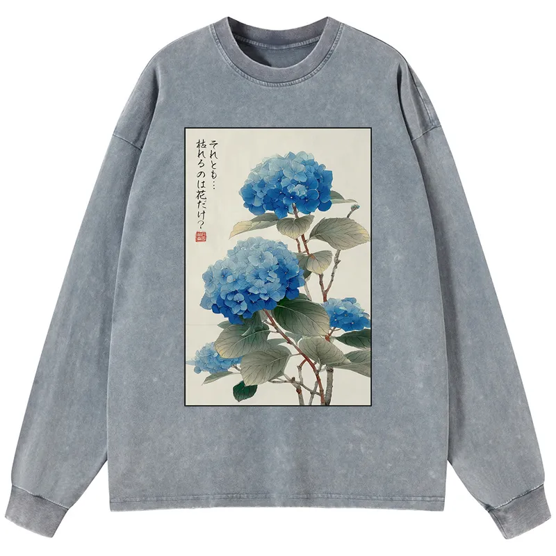 Tokyo-Tiger Ukiyoe Hydrangeas: A Reflection of the Soul Washed Long Sleeve T-Shirt