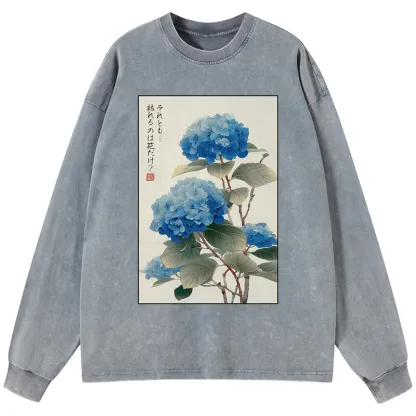 Tokyo-Tiger Ukiyoe Hydrangeas: A Reflection of the Soul Washed Long Sleeve T-Shirt