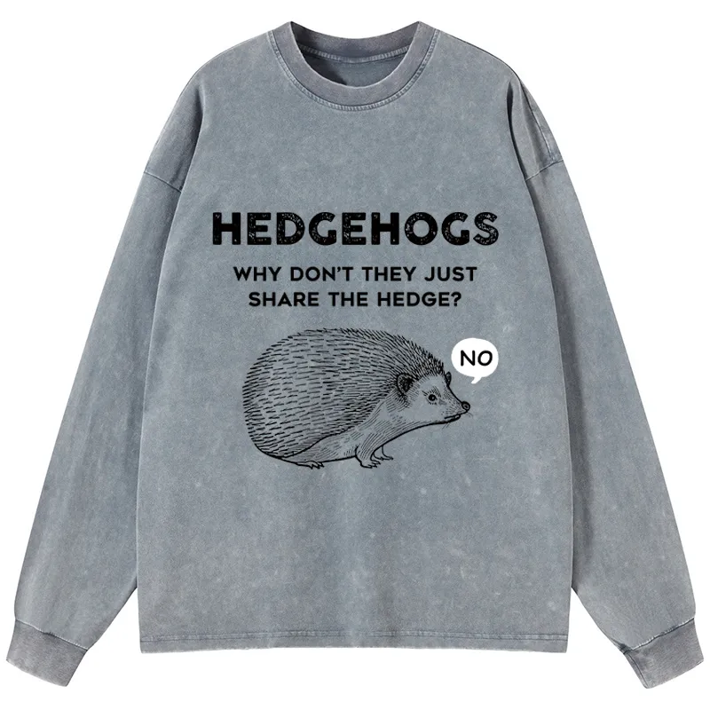 Tokyo-Tiger Funny Hedgehog Washed Long Sleeve T-Shirt