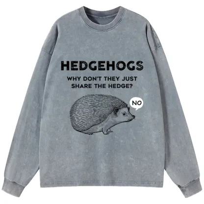Tokyo-Tiger Funny Hedgehog Washed Long Sleeve T-Shirt