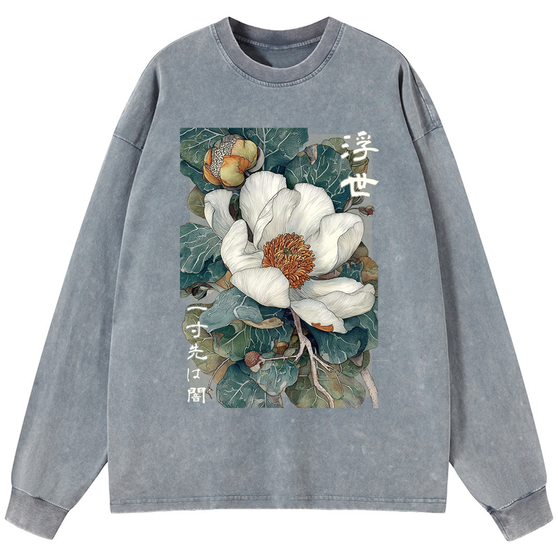 Tokyo-Tiger Ukiyoe Magnolia Flower Poster Washed Long Sleeve T-Shirt