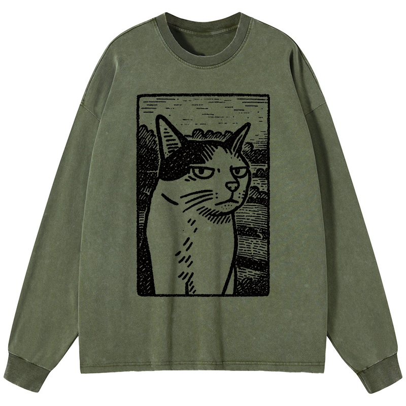 Tokyo-Tiger Cat's Hateful Eyes Washed Long Sleeve T-Shirt
