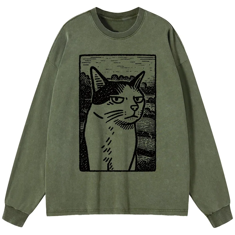 Tokyo-Tiger Cat's Hateful Eyes Washed Long Sleeve T-Shirt
