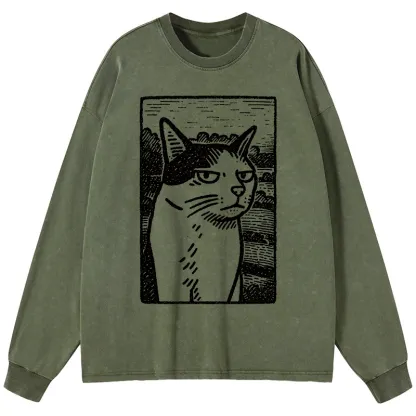 Tokyo-Tiger Cat's Hateful Eyes Washed Long Sleeve T-Shirt