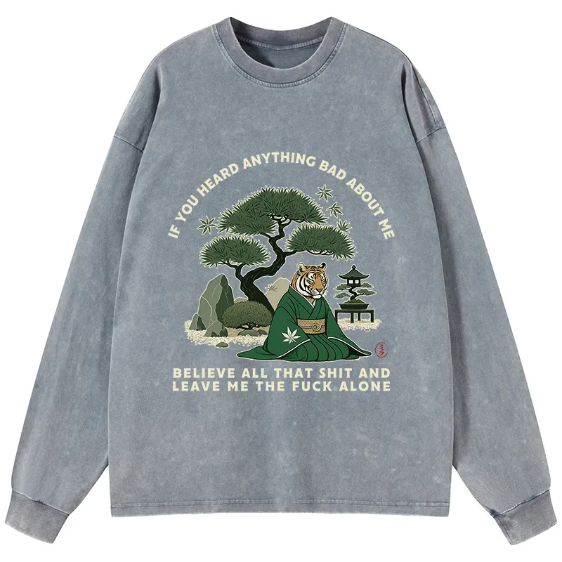 Tokyo-Tiger Funny Ukiyoe Tiger Samurai Zen Washed Long Sleeve T-Shirt