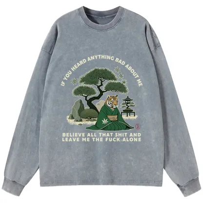 Tokyo-Tiger Funny Ukiyoe Tiger Samurai Zen Washed Long Sleeve T-Shirt