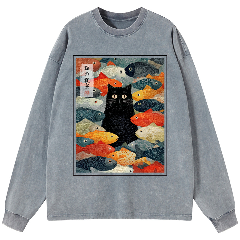 Tokyo-Tiger The Cat's Feast of Fish Washed Long Sleeve T-Shirt