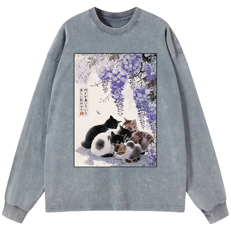 Tokyo-Tiger Cats plotting under the wisteria Washed Long Sleeve T-Shirt