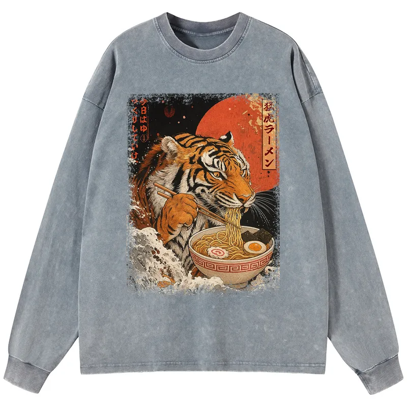 Tokyo-Tiger Ukiyoe Japan Tiger Eating Ramen Washed Long Sleeve T-Shirt