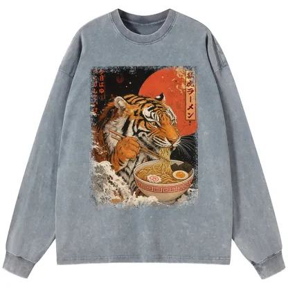 Tokyo-Tiger Ukiyoe Japan Tiger Eating Ramen Washed Long Sleeve T-Shirt