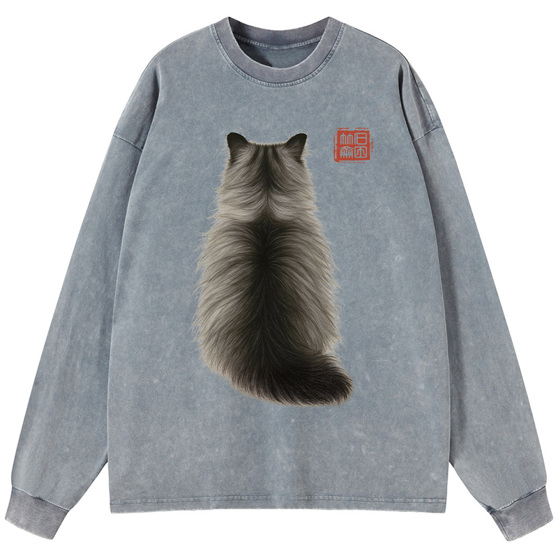 Tokyo-Tiger Cat's Back Ink Painting Washed Long Sleeve T-Shirt