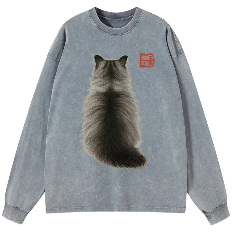 Tokyo-Tiger Cat's Back Ink Painting Washed Long Sleeve T-Shirt