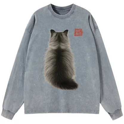 Tokyo-Tiger Cat's Back Ink Painting Washed Long Sleeve T-Shirt