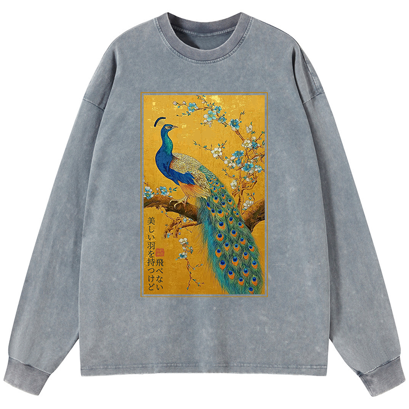 Tokyo-Tiger The Peacock's Silent Elegance Washed Long Sleeve T-Shirt