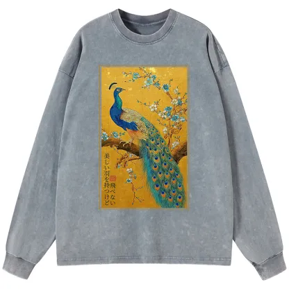 Tokyo-Tiger The Peacock's Silent Elegance Washed Long Sleeve T-Shirt