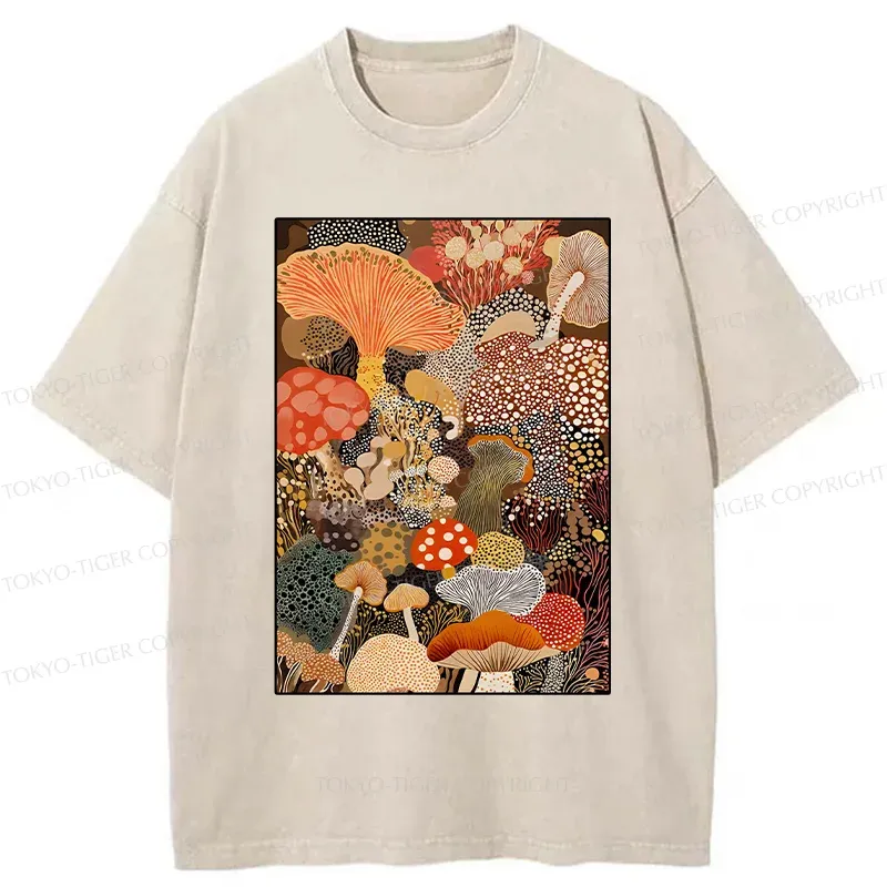 Tokyo-Tiger Psychedelic Mushroom Paintings Washed T-Shirt