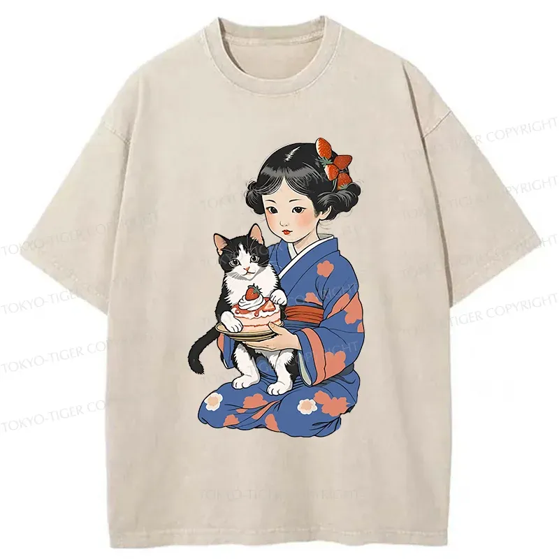 Tokyo-Tiger Japanese Child Holding A Cat Washed T-Shirt Sale