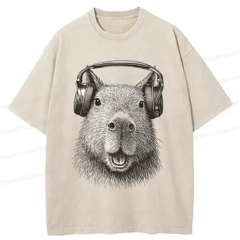 Tokyo-Tiger Capybara Listening To Music Washed T-Shirt