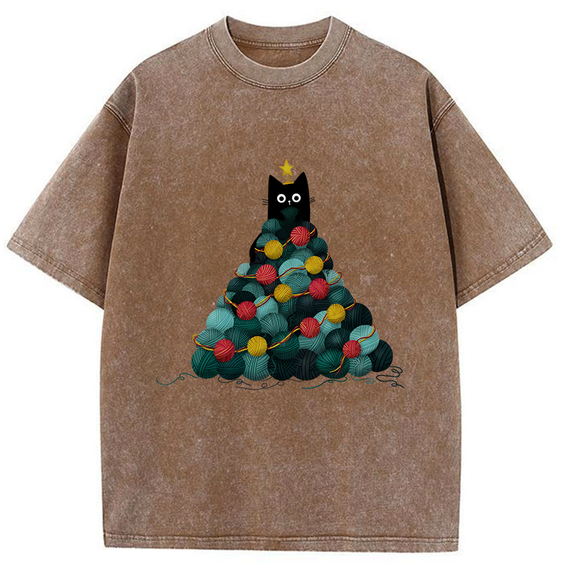 Tokyo-Tiger Yarn Christmas Tree Cat Washed T-Shirt