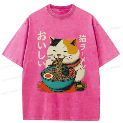 Tokyo-Tiger Cute Eat Eating Japanese Ramen Washed T-Shirt