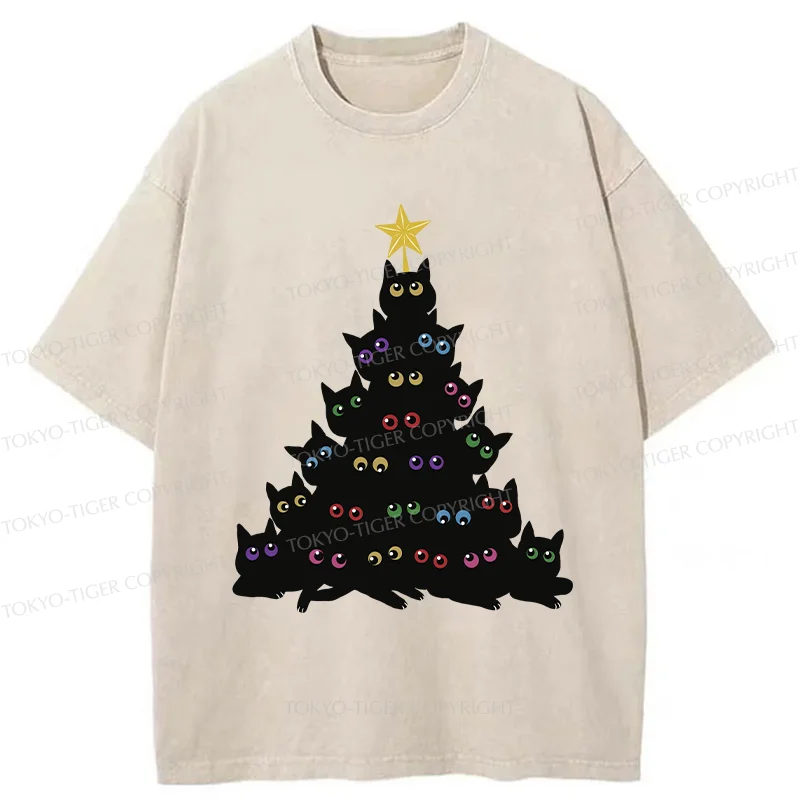 Tokyo-Tiger Cat Christmas Tree Washed T-Shirt