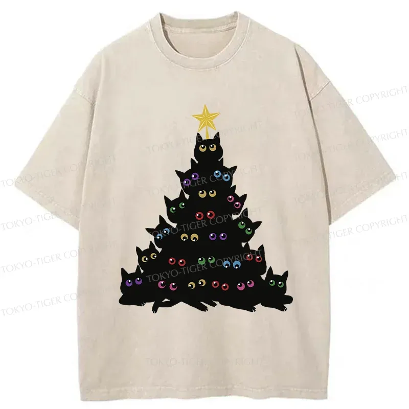 Tokyo-Tiger Cat Christmas Tree Washed T-Shirt Sale