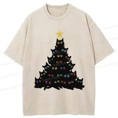 Tokyo-Tiger Cat Christmas Tree Washed T-Shirt