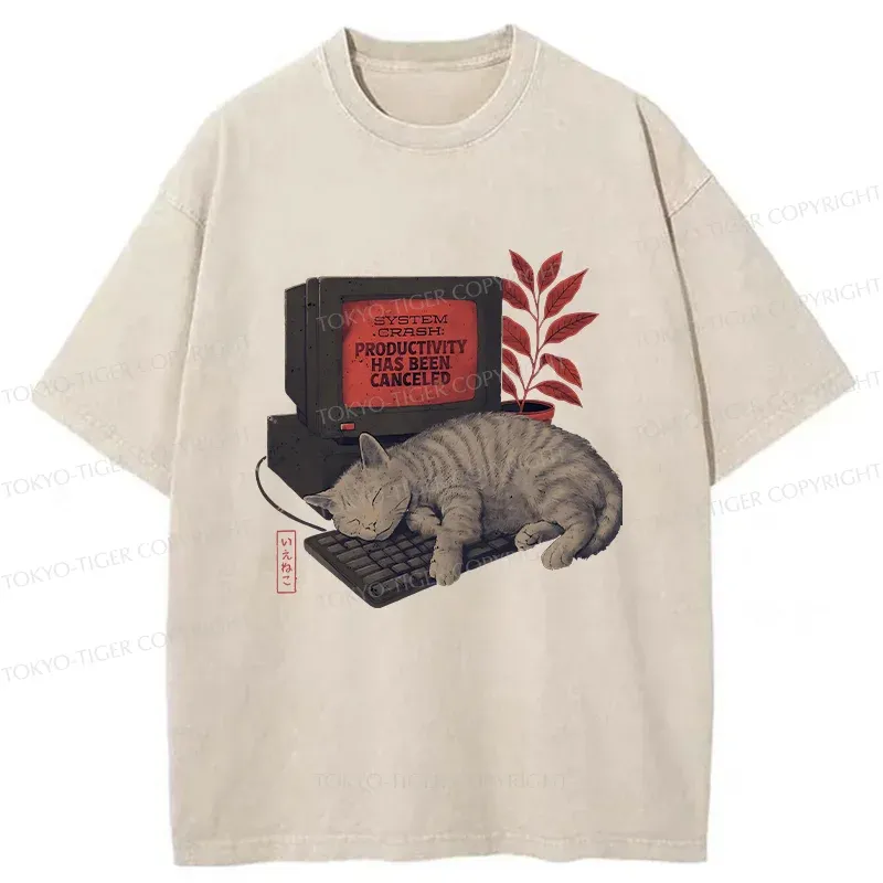 Tokyo-Tiger Cat Sleeping On Computer Washed T-Shirt