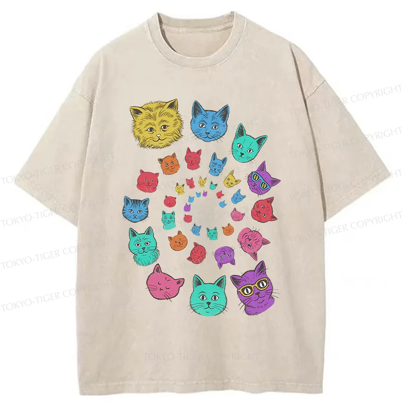 Tokyo-Tiger Psychedelic Spinning Cats Washed T-Shirt