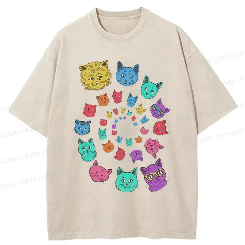 Tokyo-Tiger Psychedelic Spinning Cats Washed T-Shirt