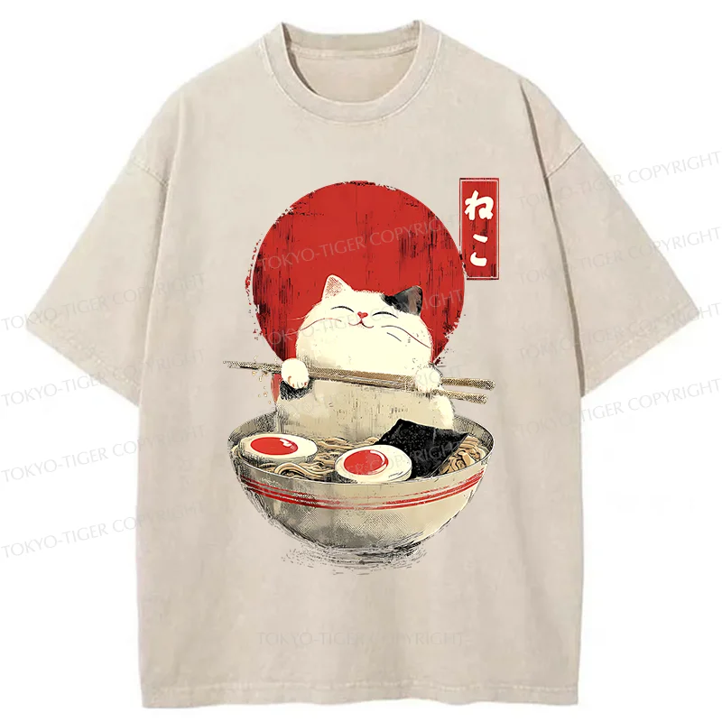 Tokyo-Tiger White Cat Ramen Washed T-Shirt