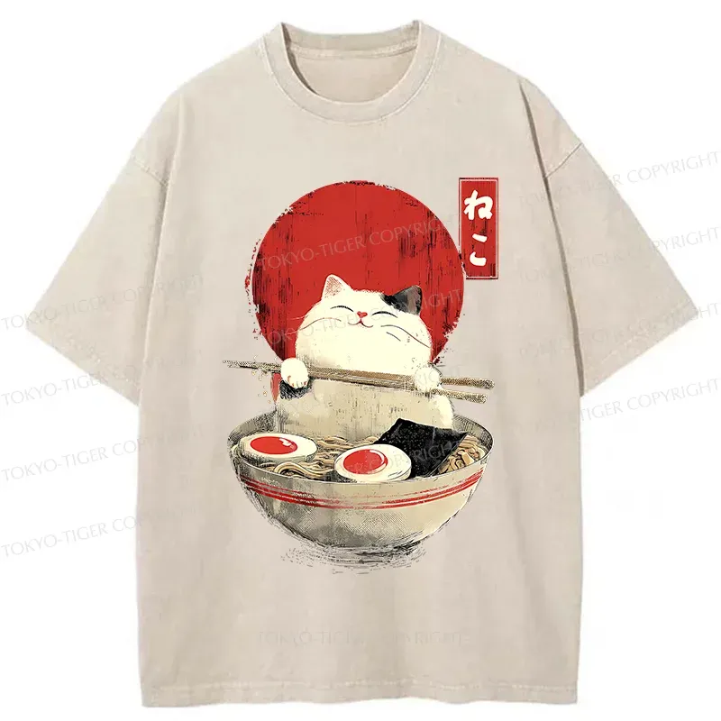 Tokyo-Tiger White Cat Ramen Washed T-Shirt
