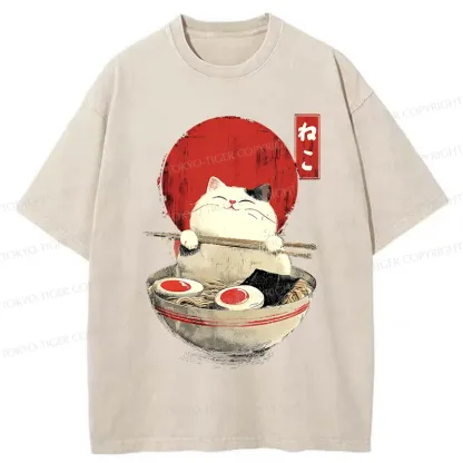 Tokyo-Tiger White Cat Ramen Washed T-Shirt