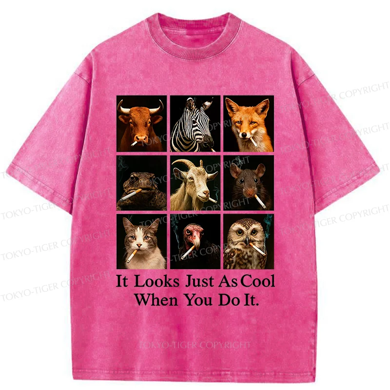 Tokyo-Tiger Various Animals Smoking Washed T-Shirt