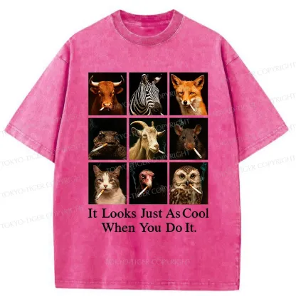 Tokyo-Tiger Various Animals Smoking Washed T-Shirt