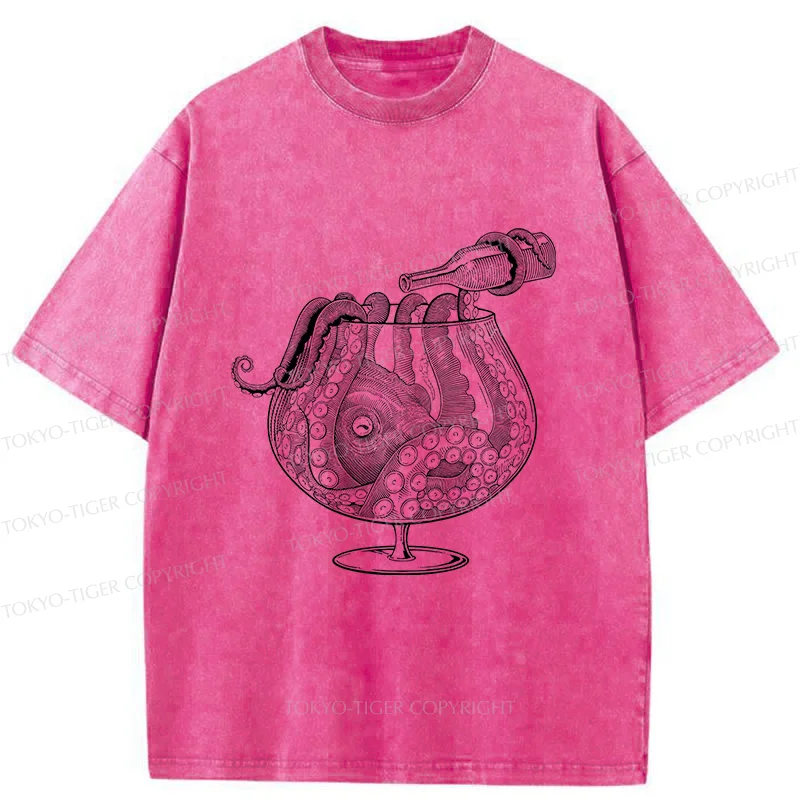 Tokyo-Tiger Octopus Drinking Wine Washed T-Shirt
