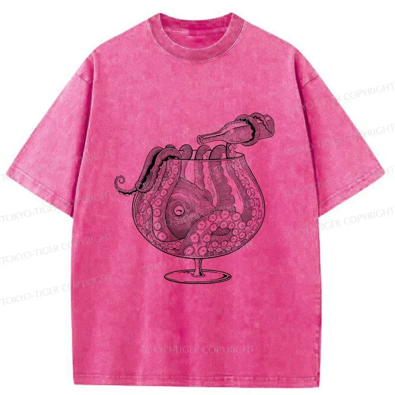 Tokyo-Tiger Octopus Drinking Wine Washed T-Shirt