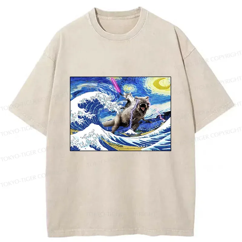 Tokyo-Tiger Cat Riding A Dinosaur In The Surf Washed T-Shirt