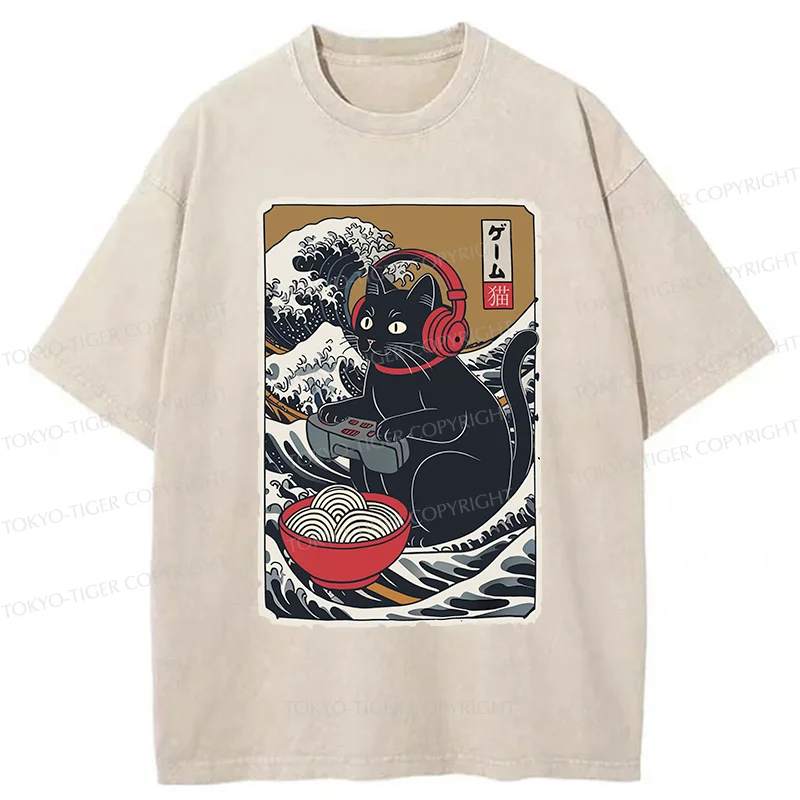 Tokyo-Tiger Cat Playing Video Games Washed T-Shirt