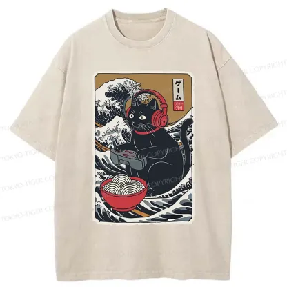 Tokyo-Tiger Cat Playing Video Games Washed T-Shirt