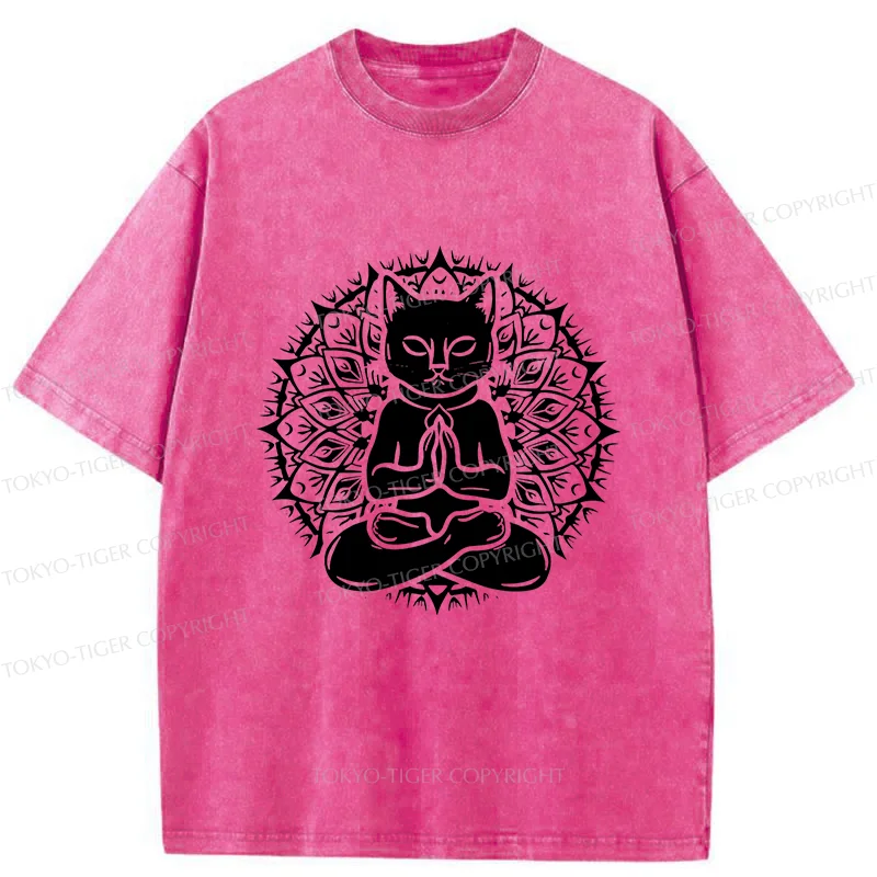 Tokyo-Tiger Yoga Cat Japanese Washed T-Shirt