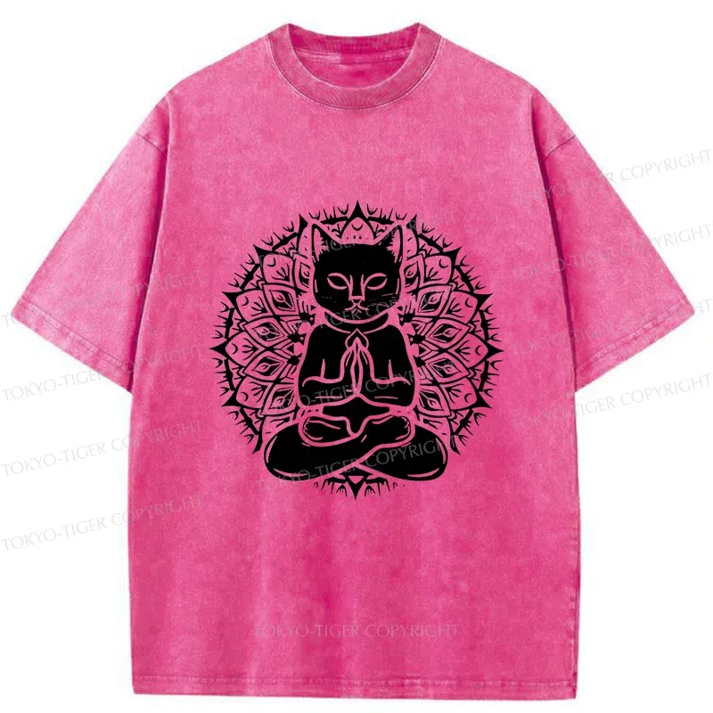 Tokyo-Tiger Yoga Cat Japanese Washed T-Shirt