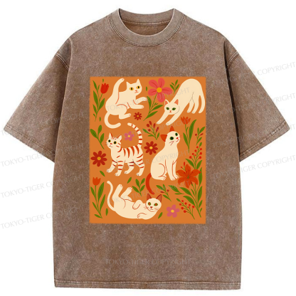 Tokyo-Tiger Cats And Flowers Washed T-Shirt