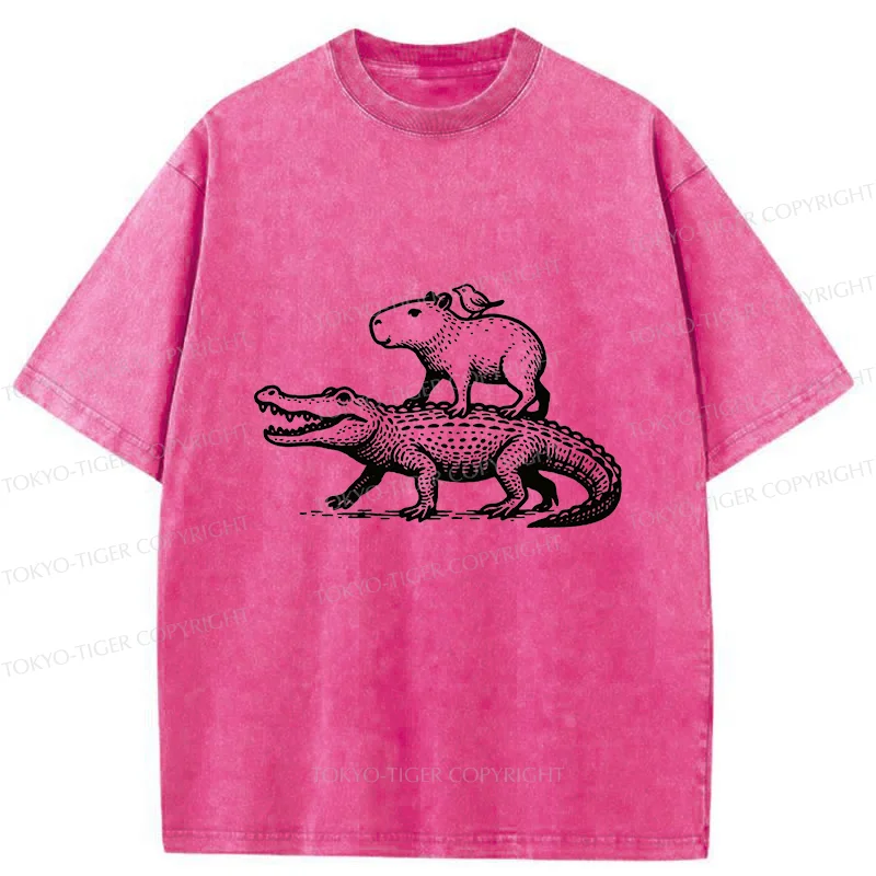 Tokyo-Tiger Capybaras Walking With Crocodile Washed T-Shirt